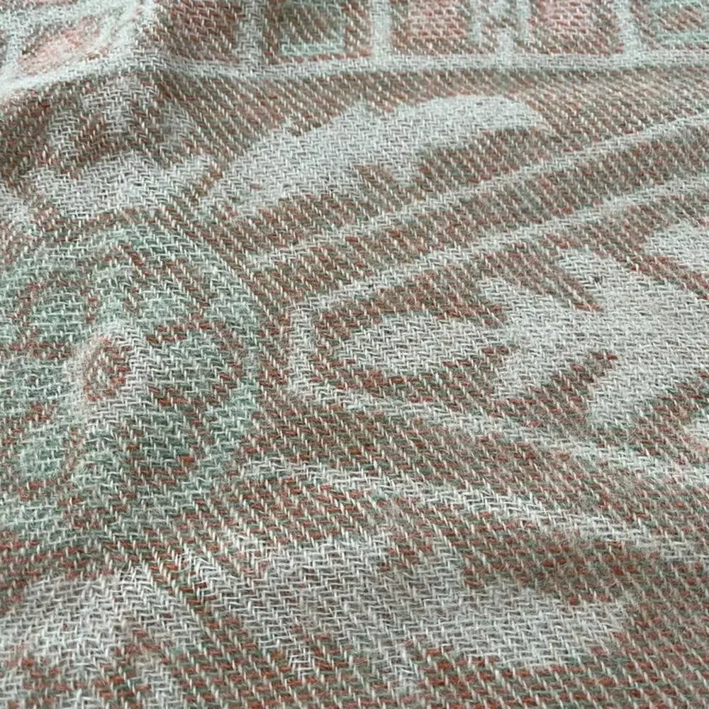 Woven Wool Tapestry Throw Blanket 69 x 80 in Turkish Inspired Tan Green & Pink